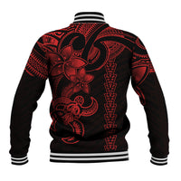 Hawaiian tribal baseball jacket in red and black, turtle back print, striped cuffs and hem