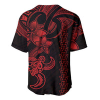 Red and black tribal baseball jersey with turtle and shell motifs on the back