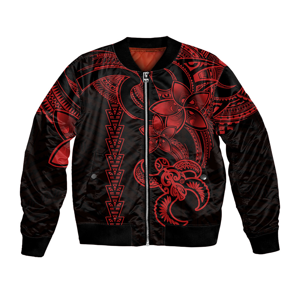 Red and black tribal bomber jacket with front zipper, ribbed collar and turtle graphic