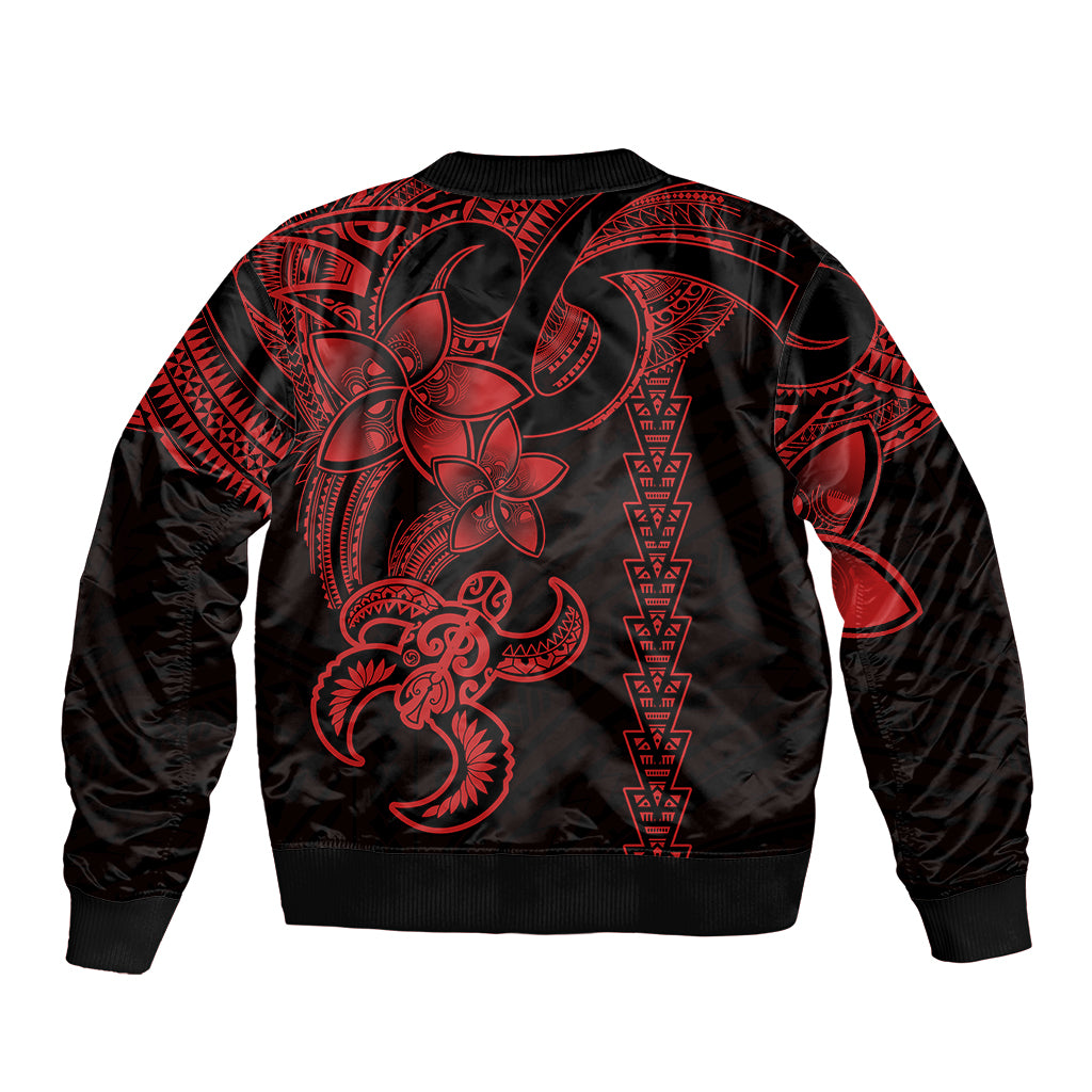 Red and black tribal bomber jacket with ribbed hem and large back turtle graphic