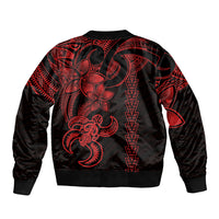 Red and black tribal bomber jacket with ribbed hem and large back turtle graphic