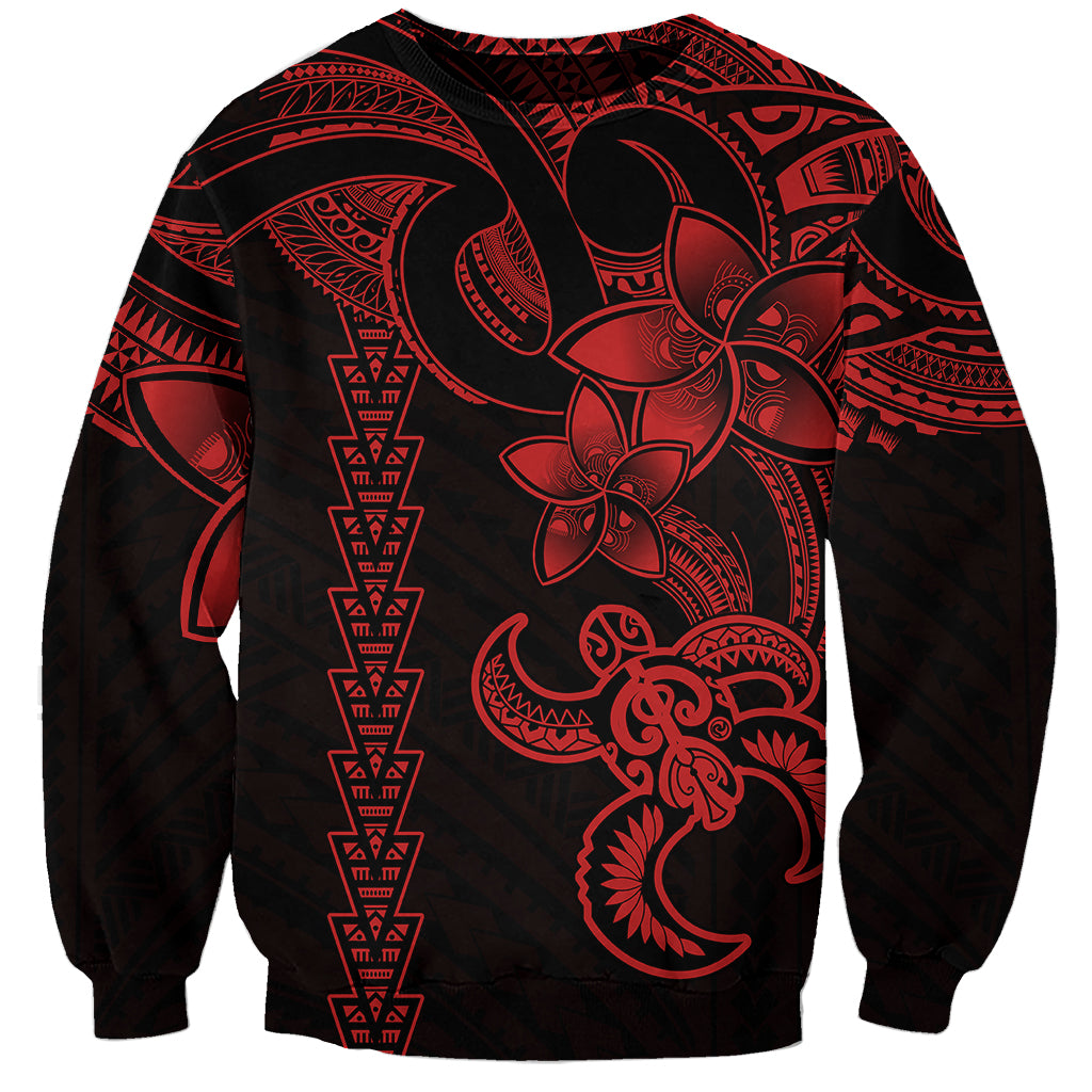 Black unisex sweatshirt with red Polynesian turtle and tribal geometric print on front