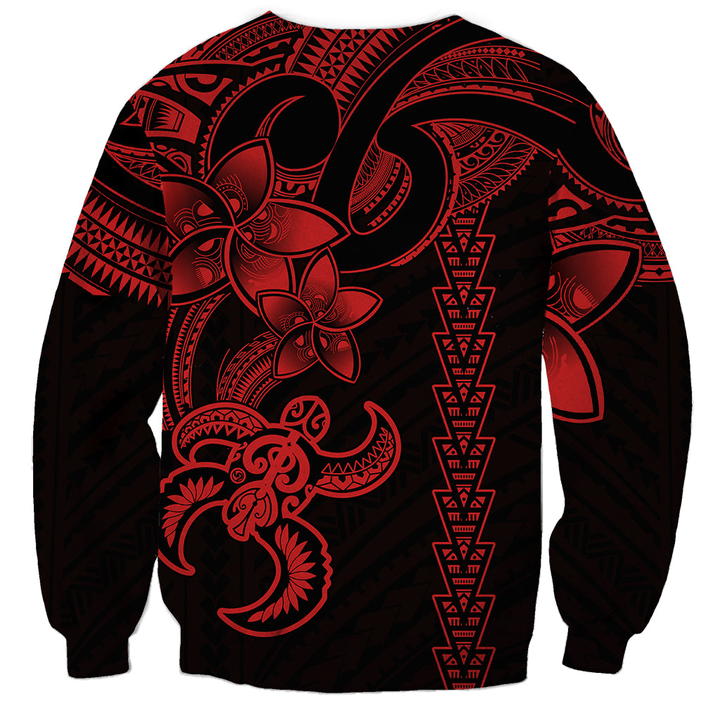 Black unisex sweatshirt with red turtle, lizard, and tribal patterns on front