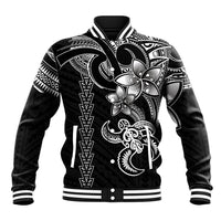 Black baseball jacket with white tribal turtle and floral graphic, ribbed striped trim