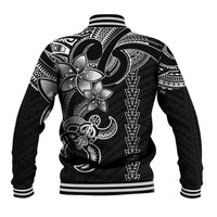 Black baseball jacket back with large white Polynesian turtle and tribal pattern, striped hem