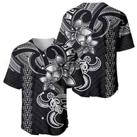Hawaiian tribal baseball jersey front: black with white turtle and floral tribal print