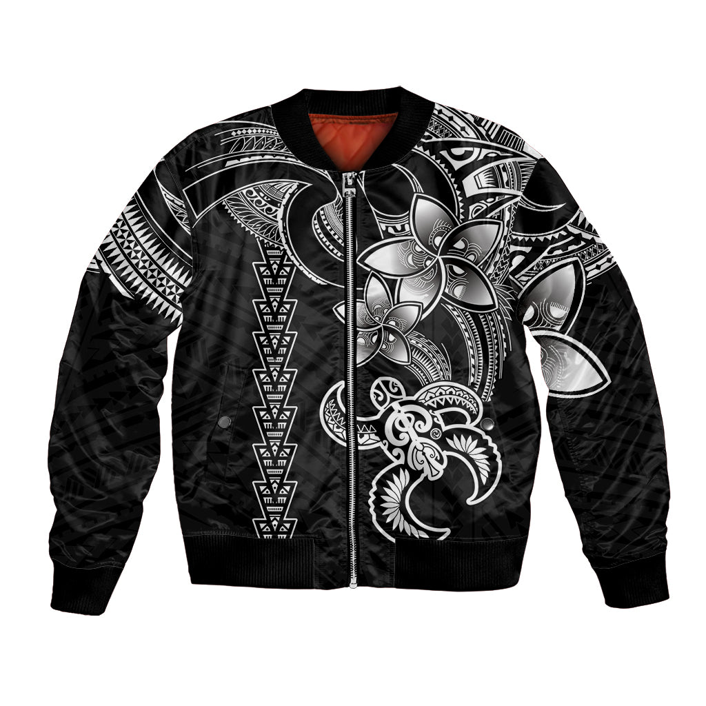 Black unisex bomber jacket with front zipper and tribal turtle graphic print