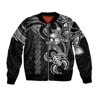 Black unisex bomber jacket with front zipper and tribal turtle graphic print