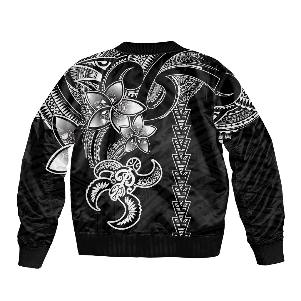 Black unisex bomber jacket with back tribal turtle and geometric pattern print