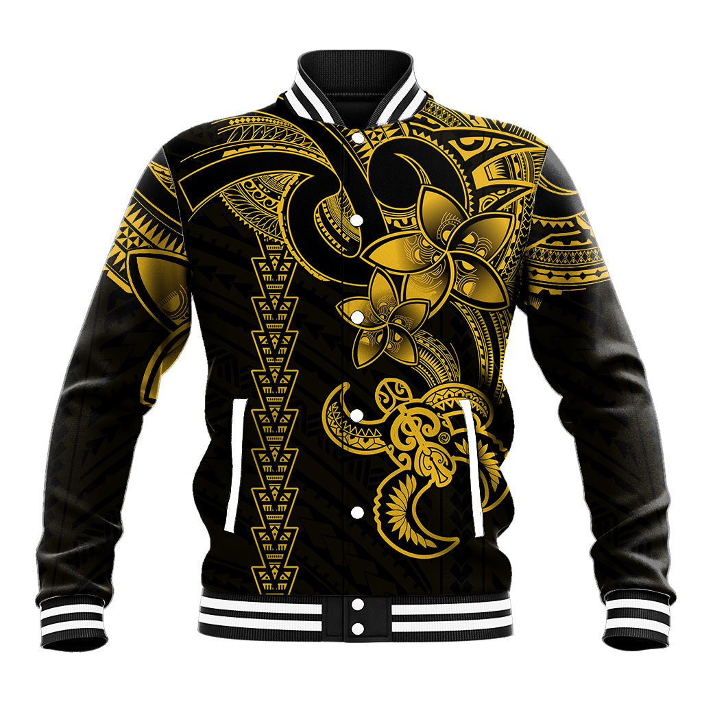 Black and yellow tribal baseball jacket with turtle graphic, snap buttons and striped rib cuffs