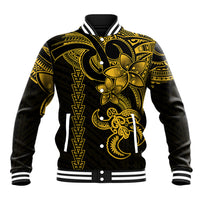 Black and yellow tribal baseball jacket with turtle graphic, snap buttons and striped rib cuffs