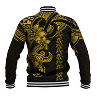 Black and yellow tribal baseball jacket with large back turtle motif, ribbed striped collar