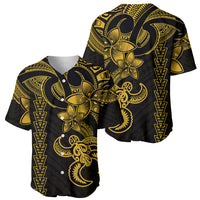 Men's tropical baseball jersey showing front and back, turtle tribal print, black with gold