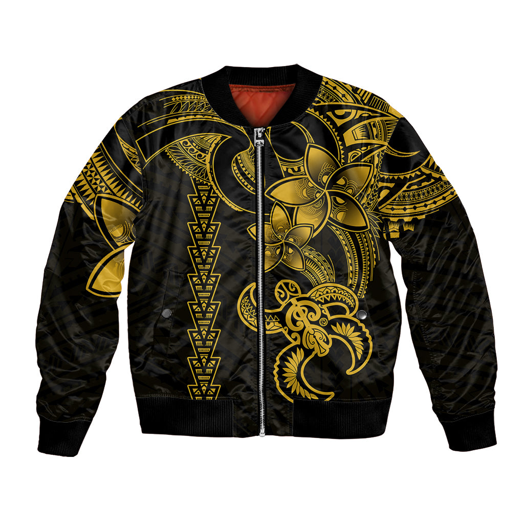 Unisex black bomber jacket with yellow tribal turtle front, zip-up and ribbed cuffs