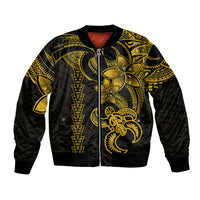 Unisex black bomber jacket with yellow tribal turtle front, zip-up and ribbed cuffs