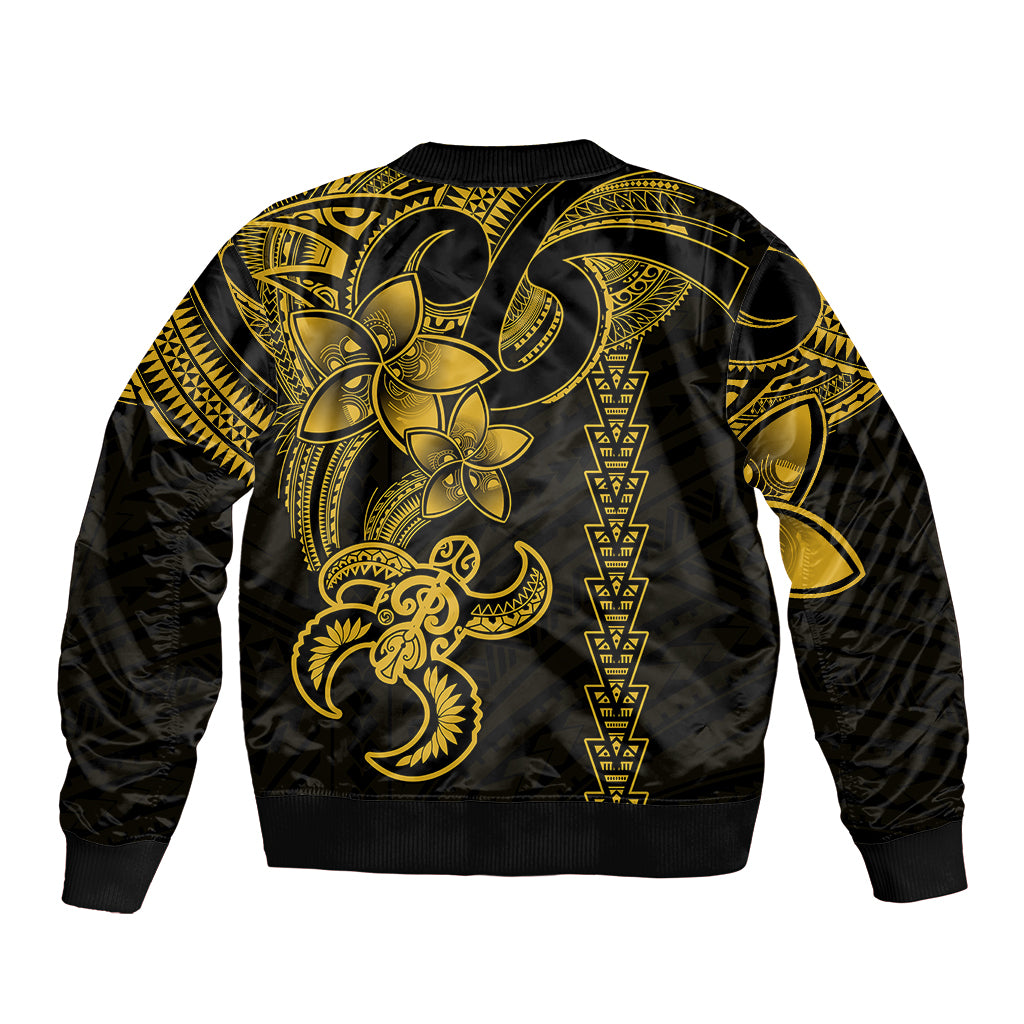 Unisex black bomber jacket with yellow tribal turtle back print, ribbed hem and cuffs