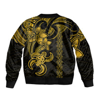 Unisex black bomber jacket with yellow tribal turtle back print, ribbed hem and cuffs