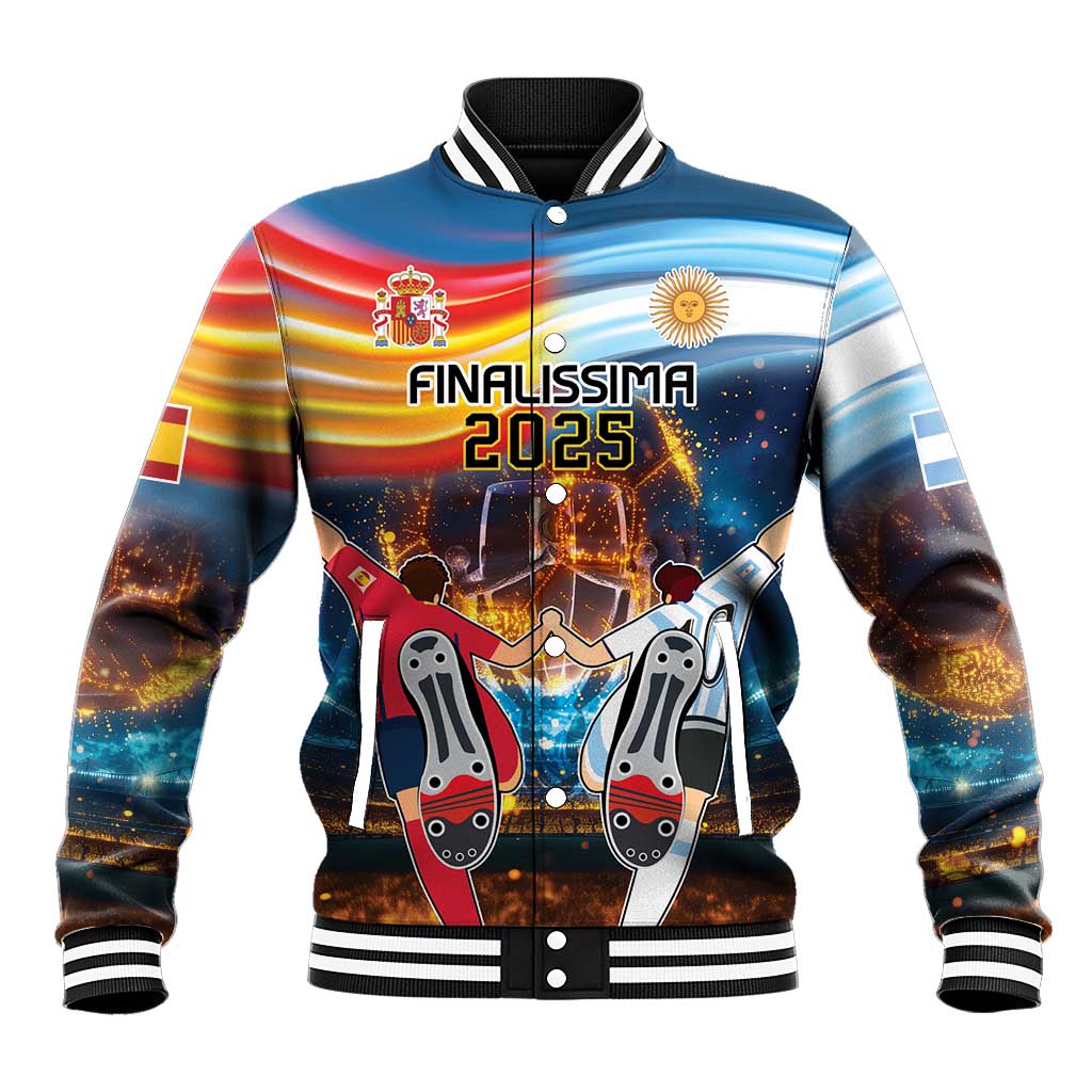 Blue zip-up baseball jacket with ribbed collar and bold Finalissima 2025 graphic front