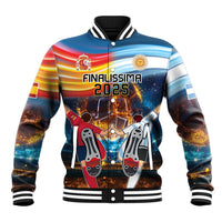 Blue zip-up baseball jacket with ribbed collar and bold Finalissima 2025 graphic front
