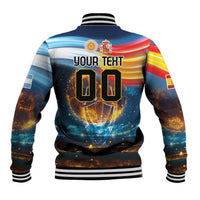 Back view blue jacket with striped ribbing and large 00 number graphic