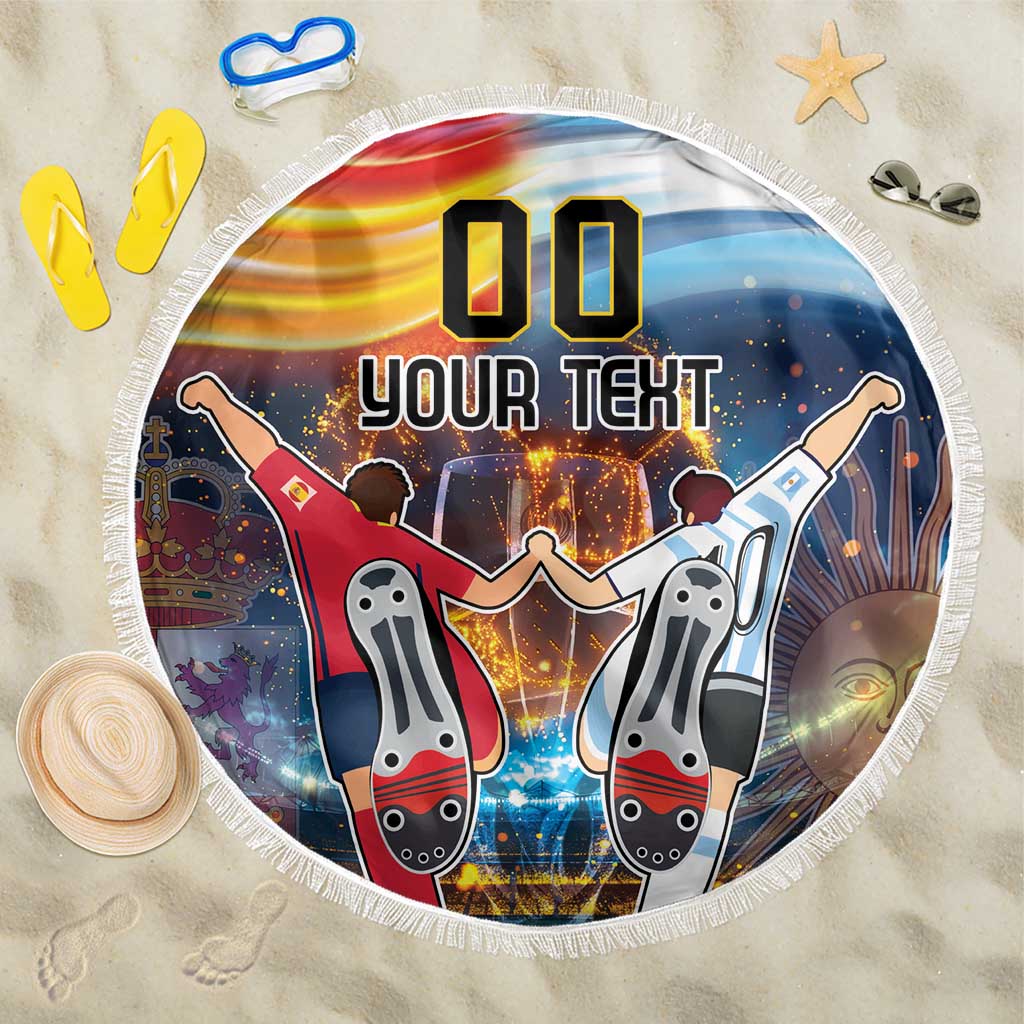 Round beach blanket with fringed edge, football graphic and “00 YOUR TEXT” center