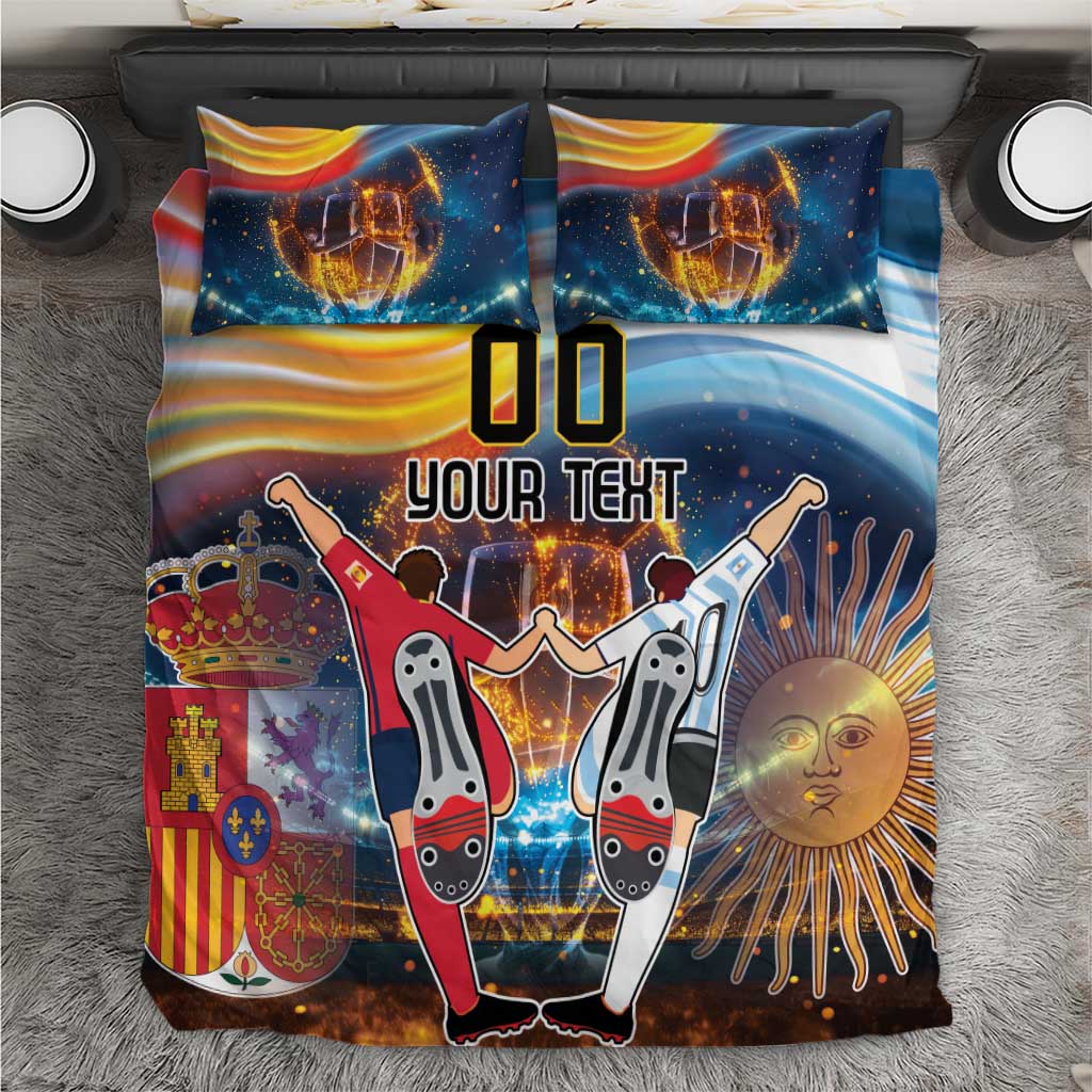 Blue football bedding set with duvet and pillows featuring 'YOUR TEXT' and trophy art
