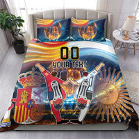Blue football bedding set on bed with duvet and two pillows, 'YOUR TEXT' graphic