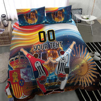 Blue football bedding set with duvet and pillows showing 'YOUR TEXT' and flag artwork