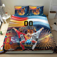 Blue football bedding set with duvet and two pillows, 'YOUR TEXT' and sun graphic