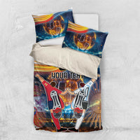 Blue football bedding set with duvet and two pillows on white background, 'YOUR TEXT' text