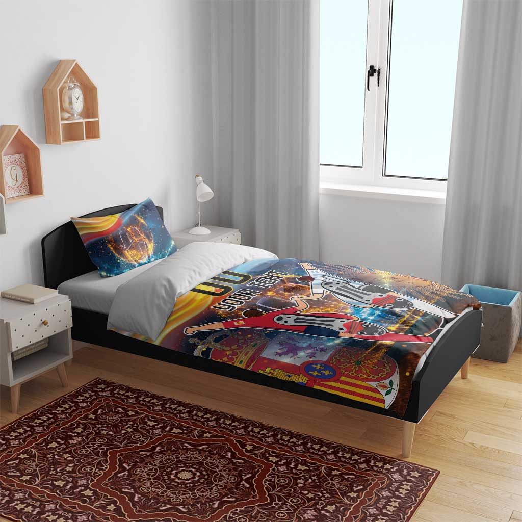Blue football bedding set on bed with duvet and pillows, 'YOUR TEXT' and trophy design