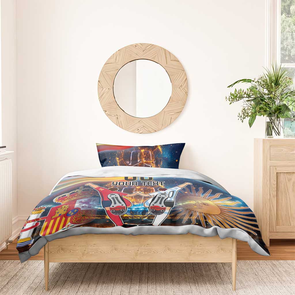Blue football duvet and pillow set with 'YOUR TEXT' graphic on bed