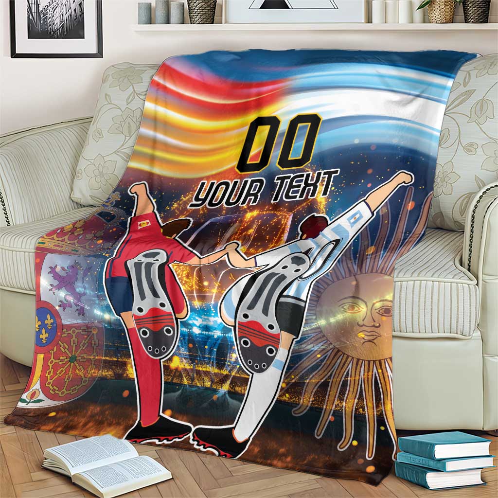 Blue football blanket with rainbow wave and '00 YOUR TEXT' and cartoon players