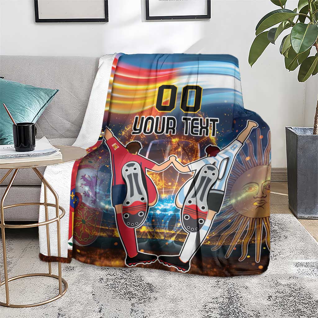 Blue football blanket with rainbow stripe, '00 YOUR TEXT' and cartoon players