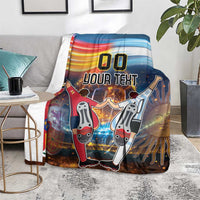 Blue football blanket with rainbow stripe, '00 YOUR TEXT' and cartoon players