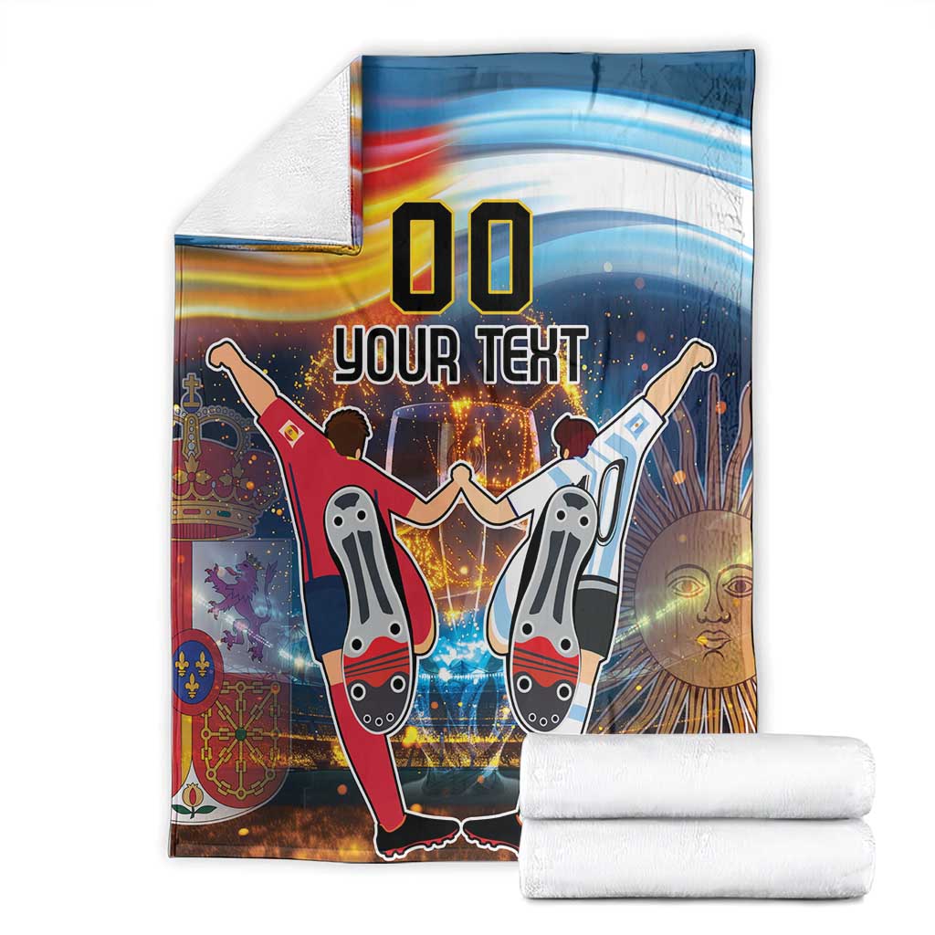 Blue football blanket shown unfolded, with rainbow wave, '00 YOUR TEXT' and cartoon players