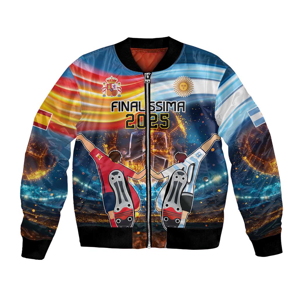 Blue football bomber jacket with full-zip, ribbed hem and front graphic with Finalissima 2025