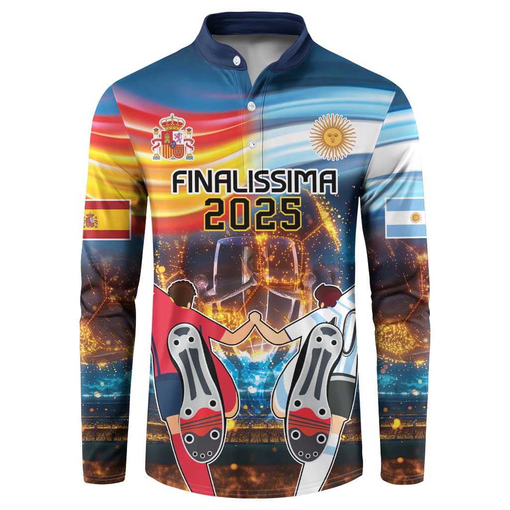 Blue football sweatshirt, button placket, FINALISSIMA 2025 graphic with Argentina/Spain crests