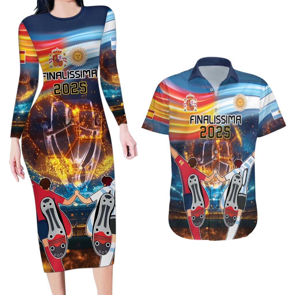 Custom Spain and Argentina Football Couples Matching Long Sleeve Bodycon Dress and Hawaiian Shirt Finalissima Make History Together LT9 - Wonder Print Shop