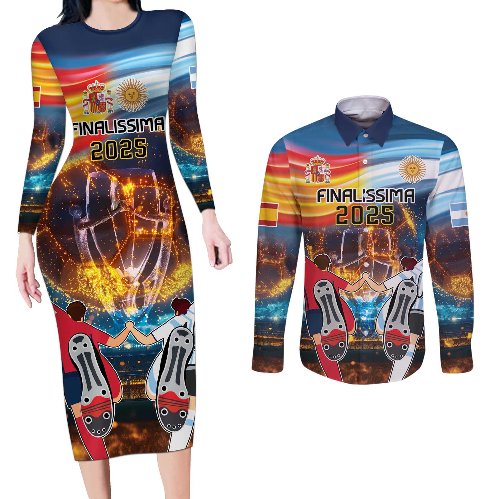 Custom Spain and Argentina Football Couples Matching Long Sleeve Bodycon Dress and Long Sleeve Button Shirt Finalissima Make History Together LT9 - Wonder Print Shop