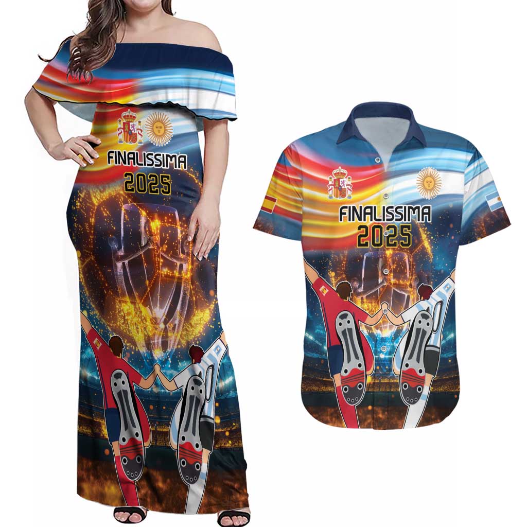 Custom Spain and Argentina Football Couples Matching Off Shoulder Maxi Dress and Hawaiian Shirt Finalissima Make History Together LT9 - Wonder Print Shop