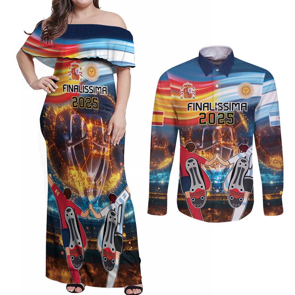 Custom Spain and Argentina Football Couples Matching Off Shoulder Maxi Dress and Long Sleeve Button Shirt Finalissima Make History Together LT9 - Wonder Print Shop