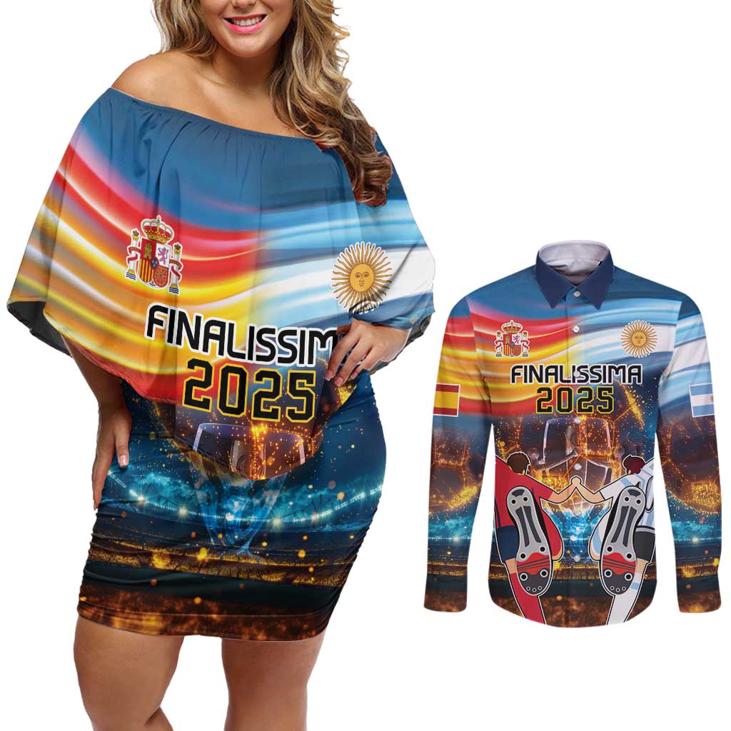 Custom Spain and Argentina Football Couples Matching Off Shoulder Short Dress and Long Sleeve Button Shirt Finalissima Make History Together LT9 - Wonder Print Shop