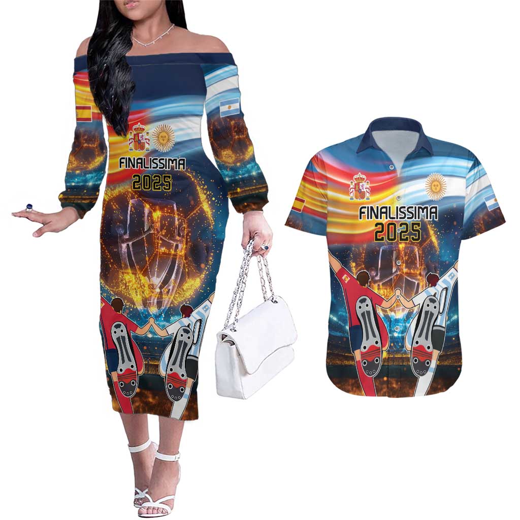 Custom Spain and Argentina Football Couples Matching Off The Shoulder Long Sleeve Dress and Hawaiian Shirt Finalissima Make History Together LT9 - Wonder Print Shop