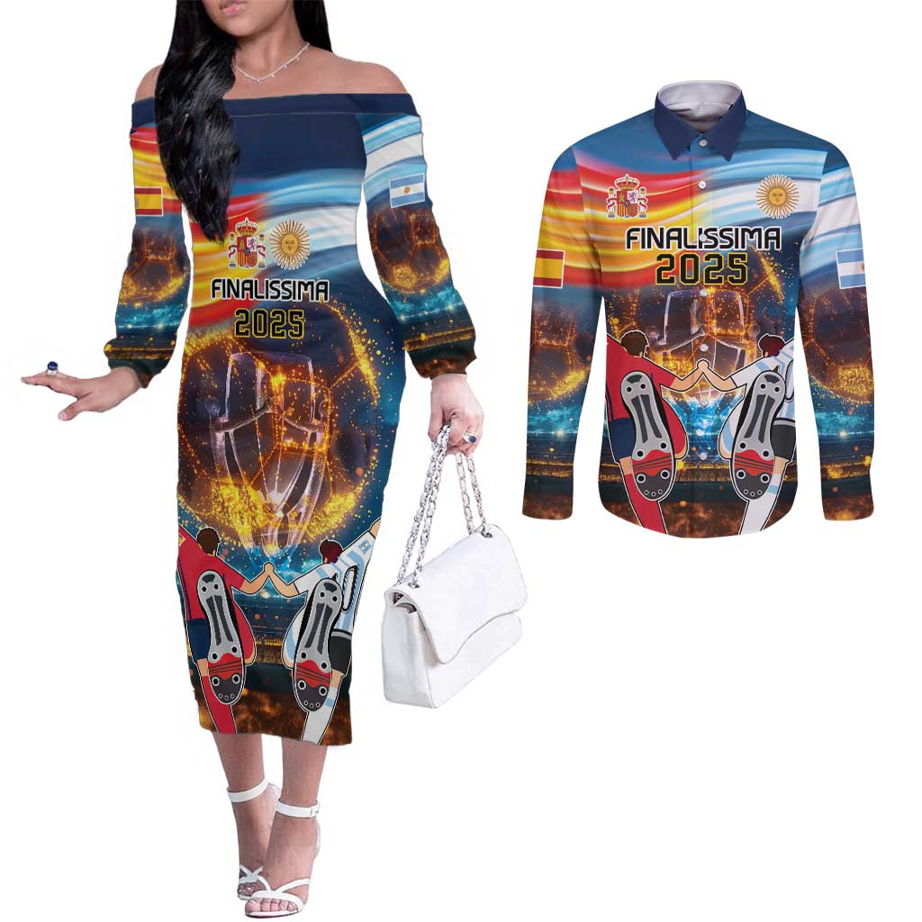 Custom Spain and Argentina Football Couples Matching Off The Shoulder Long Sleeve Dress and Long Sleeve Button Shirt Finalissima Make History Together