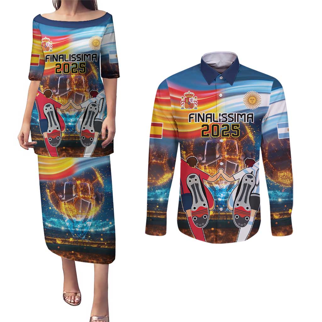 Custom Spain and Argentina Football Couples Matching Puletasi and Long Sleeve Button Shirt Finalissima Make History Together LT9 - Wonder Print Shop