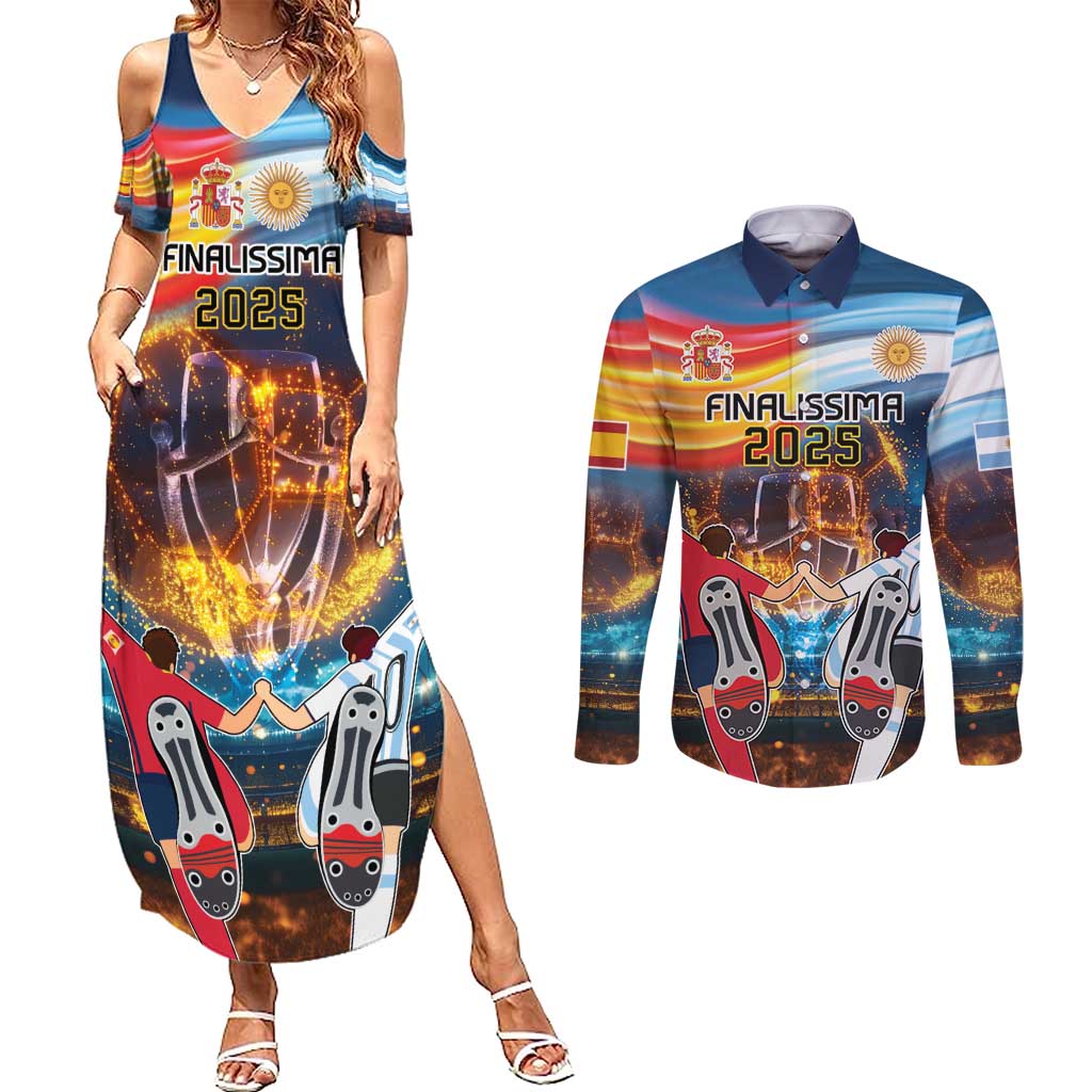 Custom Spain and Argentina Football Couples Matching Summer Maxi Dress and Long Sleeve Button Shirt Finalissima Make History Together LT9 - Wonder Print Shop