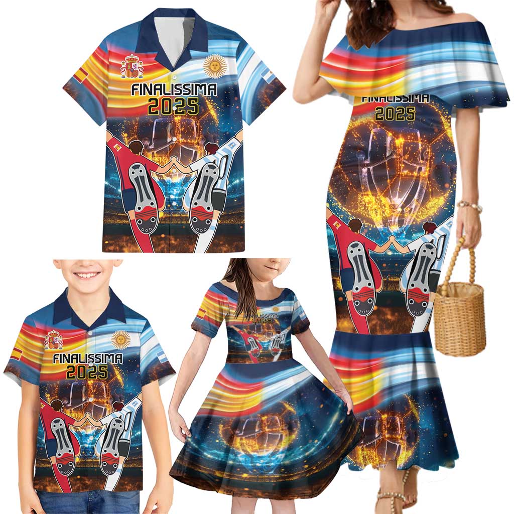 Custom Spain and Argentina Football Family Matching Mermaid Dress and Hawaiian Shirt Finalissima Make History Together LT9 - Wonder Print Shop