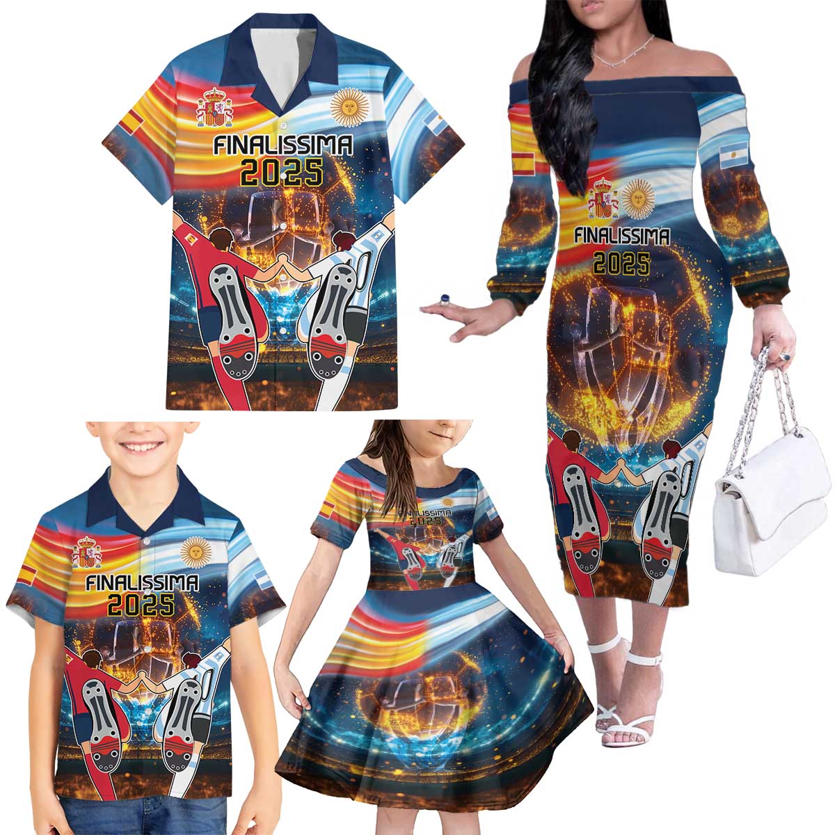 Custom Spain and Argentina Football Family Matching Off The Shoulder Long Sleeve Dress and Hawaiian Shirt Finalissima Make History Together - Wonder Print Shop