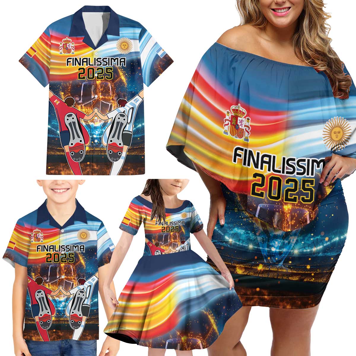 Custom Spain and Argentina Football Family Matching Off Shoulder Short Dress and Hawaiian Shirt Finalissima Make History Together LT9 - Wonder Print Shop